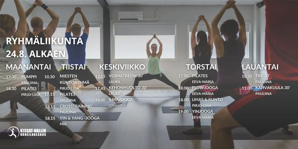 Kissat-Hallin ryhmäliikuntakalenteri ryhmäliikunta pirkkala ryhmäliikunta tampere jooga yinjooga pilates crosstraining tampere pirkkala